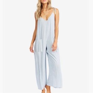 Light Blue Striped Women's Swim Cover-Up Jumpsuit